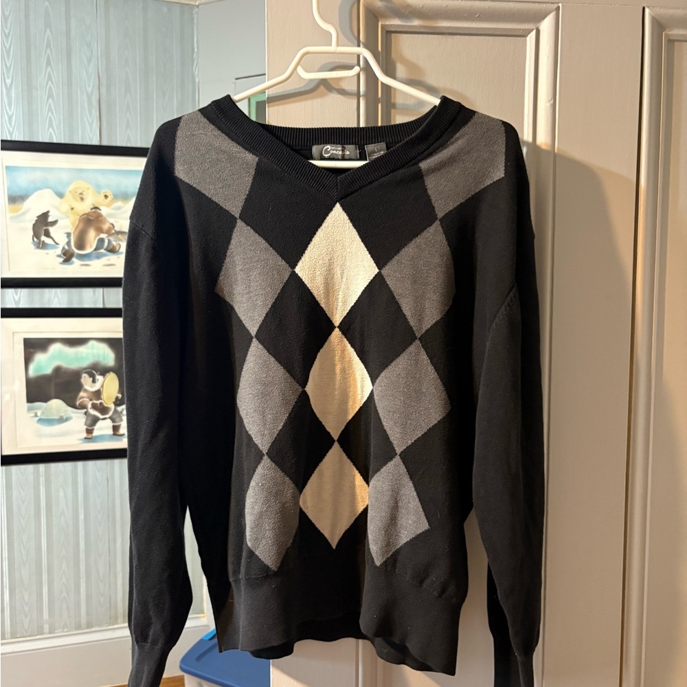 Black and Gray V-Neck Argyle Sweater